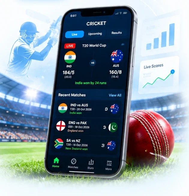 Cricket API app on a mobile phone showing live scores and recent matches, with a cricket ball and stadium